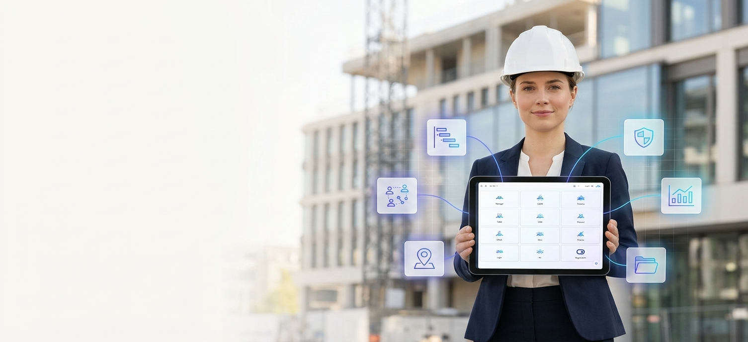 Bauingenieurin auf einer Baustelle mit einem Tablet, auf dem AVAMENT läuft